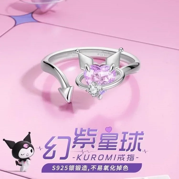 Hot Sale Sanrio Rings Anime Kuromi Hello Kitty Cinnamoroll Crystal Purple Fashion Jewelry Elegant Ring Adjustable Birthday Gift