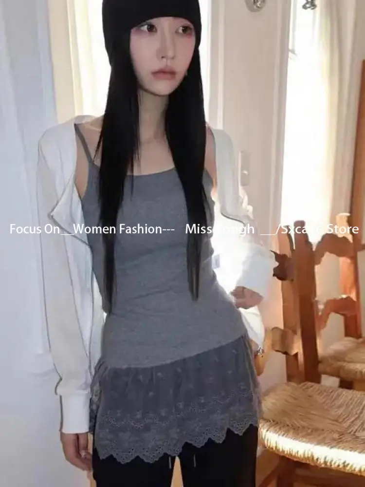 Korean Fashion Vest Patchwork Lace Camisole Sleeveless Vintage Fairycore Halter Tops Y2k Clothes Tank Top Tanks Camis