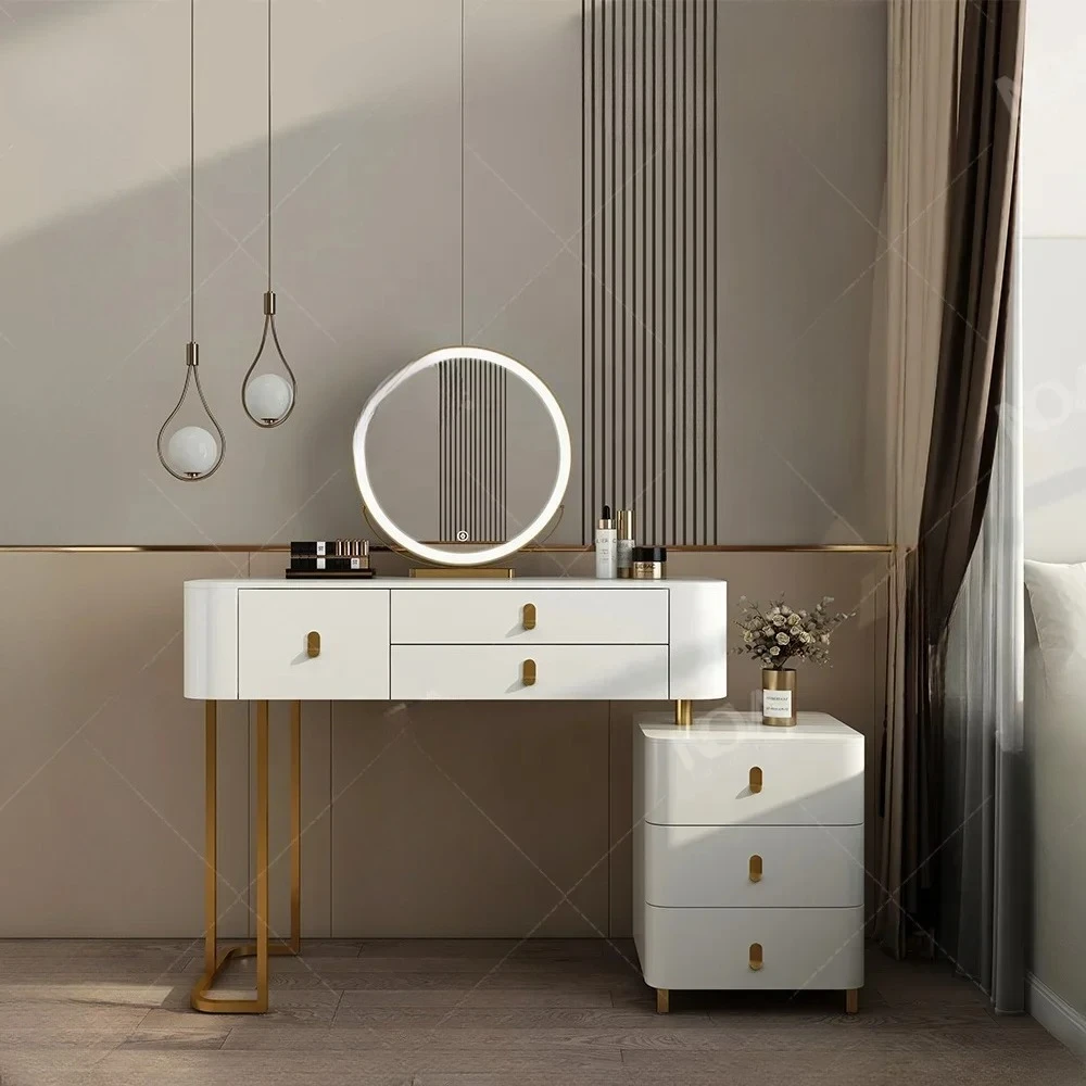 #White Slate Top Luxury Bedroom Makeup Vanity Table MDF Solid Wood Dressing Desk With Smart LED Light Mirror - view 3