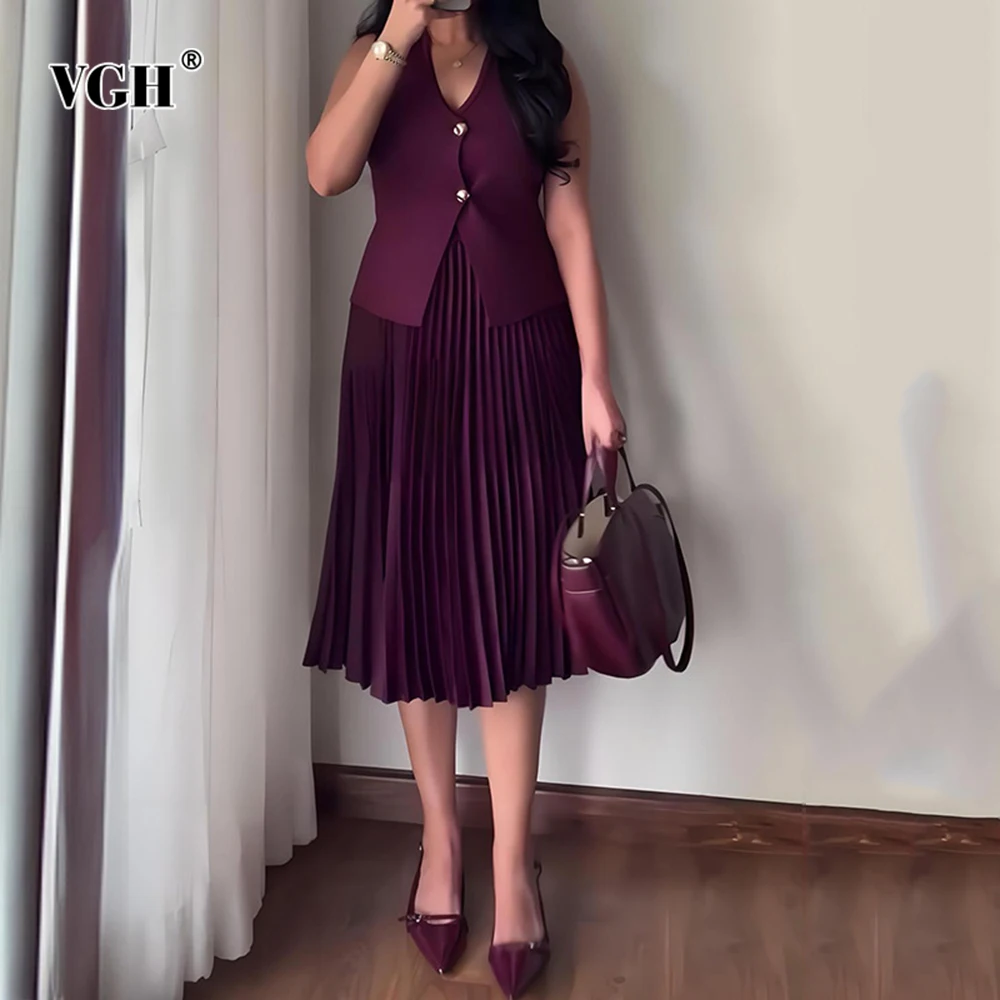 

VGH Temperament Slimming Two Piece Sets For Women V Neck Sleeveless Spliced Button Top High Waist Skirt Chic Set Female Style