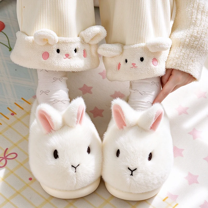 Cute Cartoon Rabbit Plush Slippers Lovely Girls Winter Warm Thick Sole Anti-Slip Slippers Woman Closed Toe Fluffy House Shoes