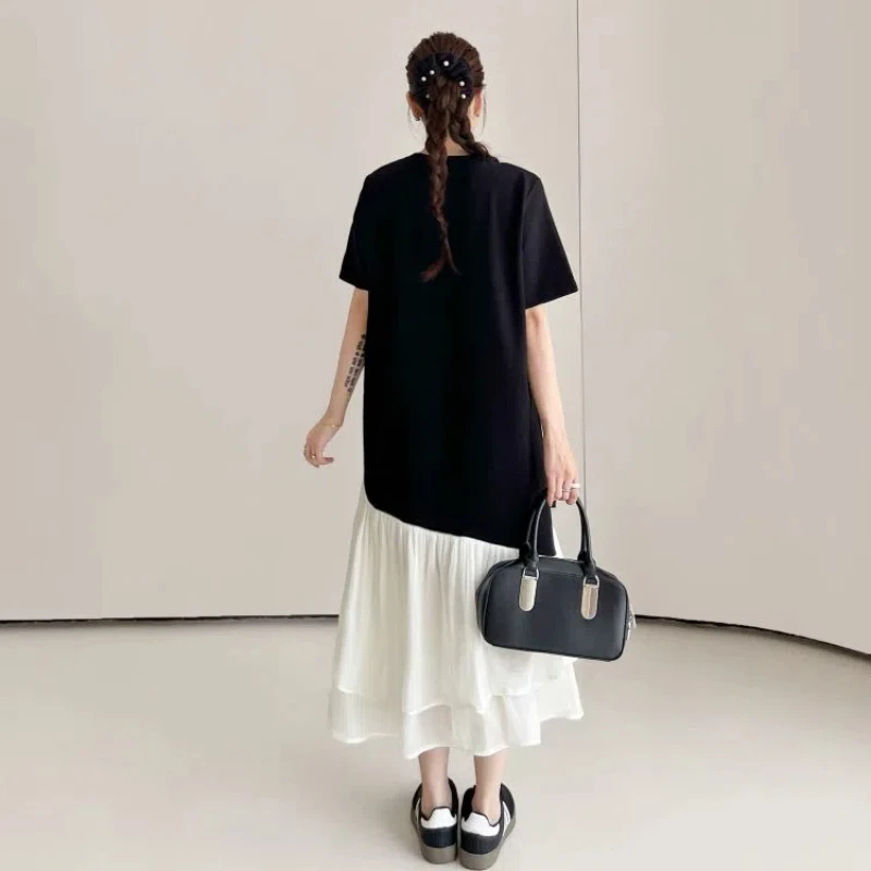Summer Dresses for 2025 Loose Asymmetrical Patchwork Mesh Lady Vestidos Heavy Diamond Black T-Shirt Dress Female Robe KE6671