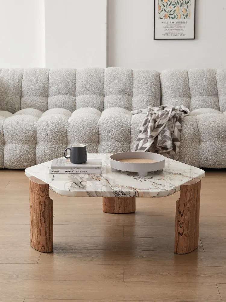 

Minimalist Luxury Hexagonal Marble Coffee Table Solid Wood Legs Scratch Resistant Easy Clean Safe Corners Unique Living Room Tex