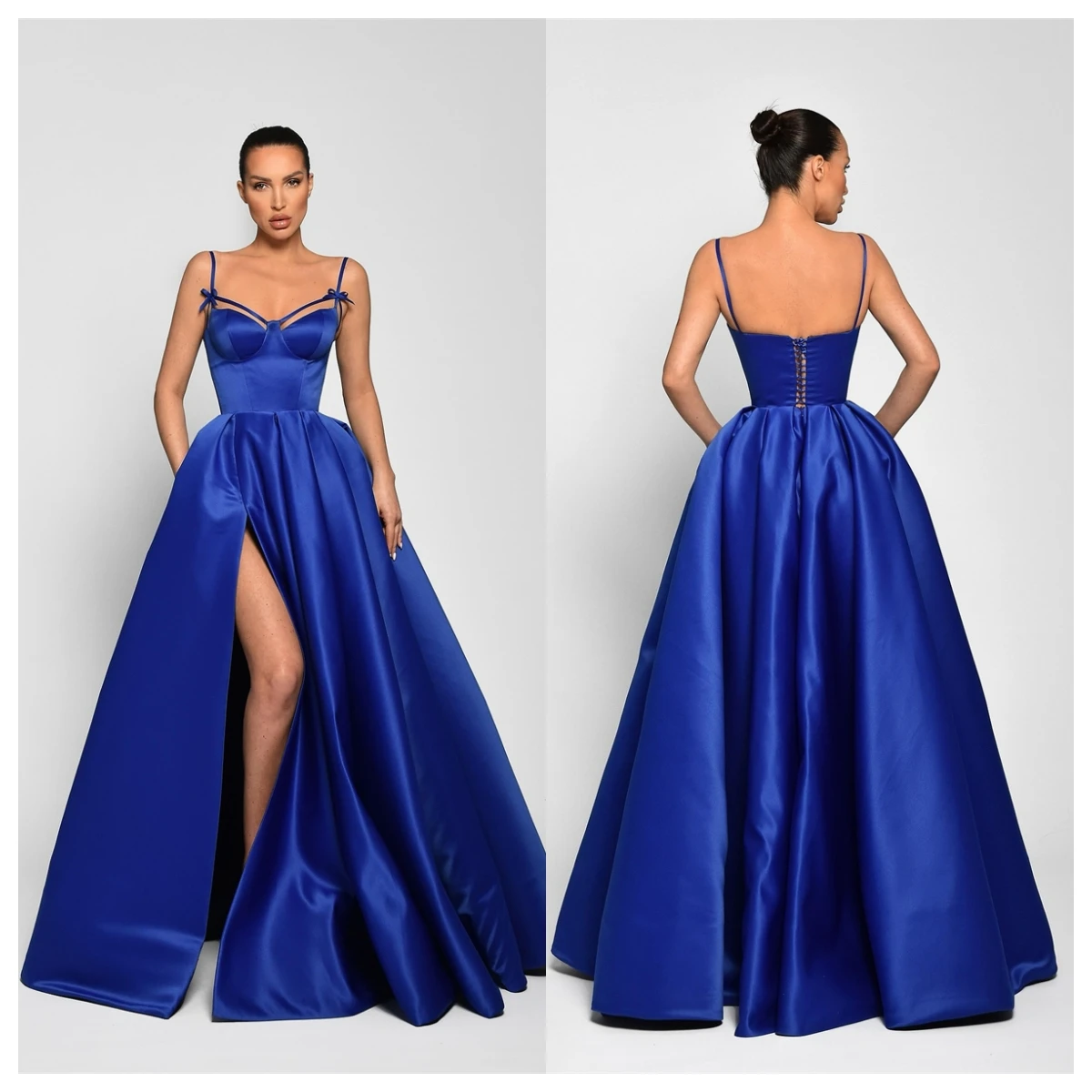 Customized Customized Delicate Navy Blue Satin Evening Dress Square Collar Spaghetti Straps Sleeveless Homecoming Dress Bow Part