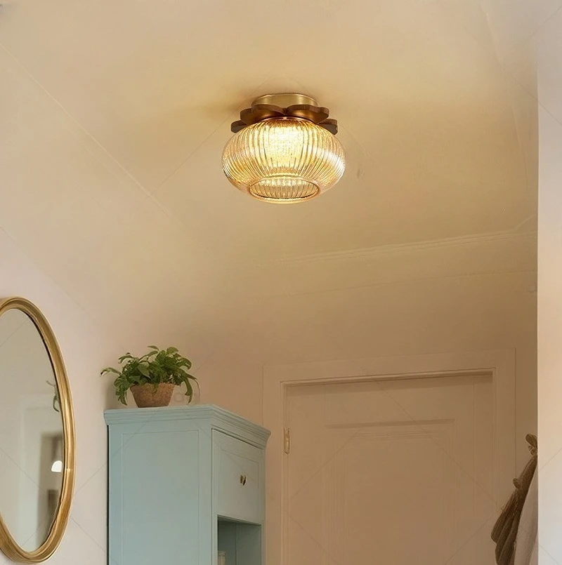 French Wooden Petal LED Ceiling Lights Vertical Stripe Glass Lampshade Living Room Bedroom Restaurant Kitchen Moden Hanging Lamp