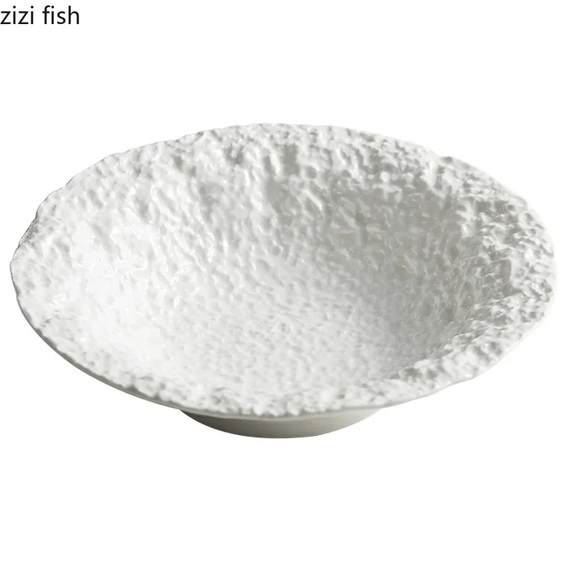 Irregular Stone Pattern Ceramic Bowl Restaurant Soup Bowl Salad Bowl Dessert Bowls Pasta Bowls Pure White Specialty Tableware