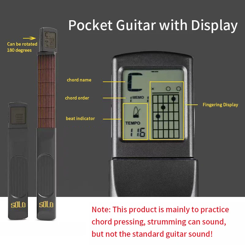 Digital Guitar Chords Trainer Portable 6 Fret Guitar Practice Neck Tool with Rotatable Screen Showing Chords Chart Metronome