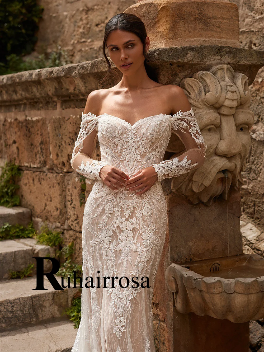 Ruhair Gorgeous Mermaid Wedding Dresses for Women Boat Neck Full Sleeves  Buttons Court Train Robe De Marie Engagement Plus - AliExpress 320