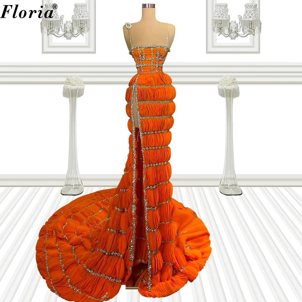 

Orange Mermaid Celebrity Dresses With Side Slit Spaghetti Summer Beach Evening Party Dresses Cocktail Dress Vestidos Para Mujer