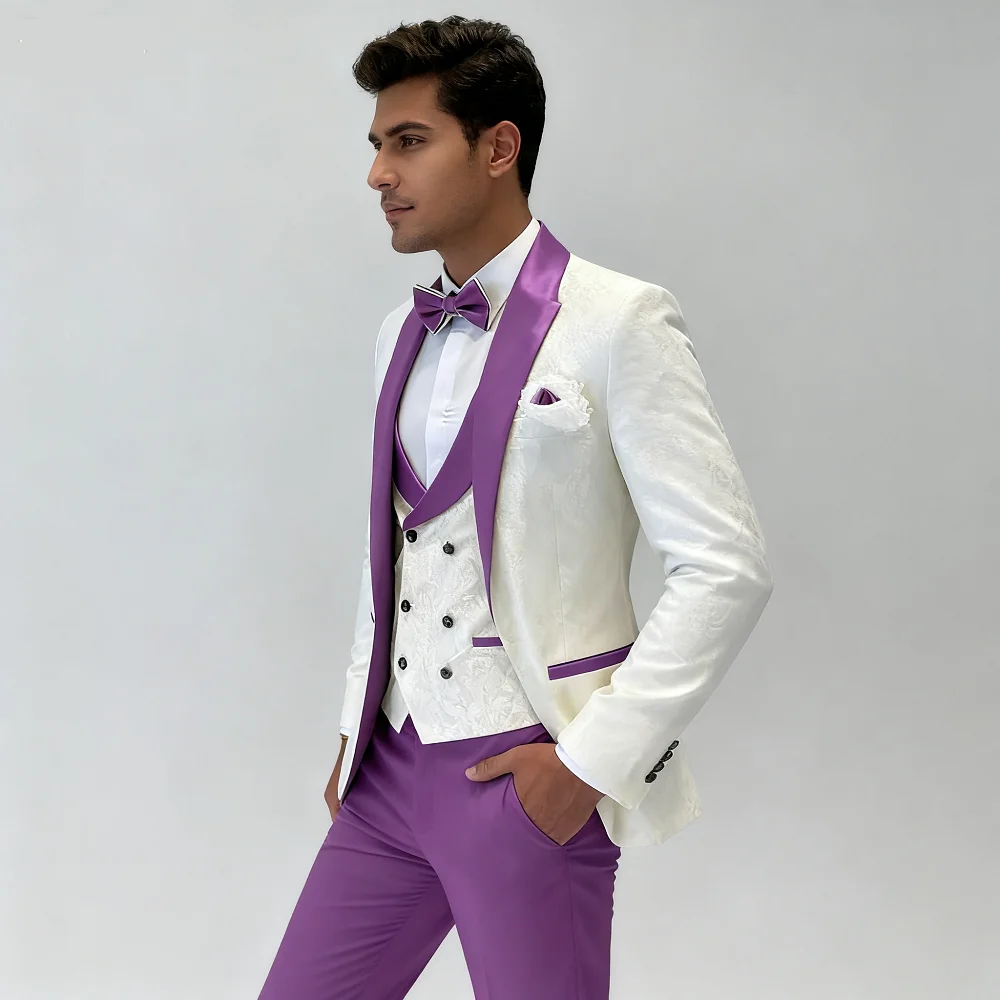 

Jacquard 3 Piece Men's Tuxedo Regular Fit Blazer Vests Pants Double Breasted Business Prom Wedding Set Men's Formal Clothes