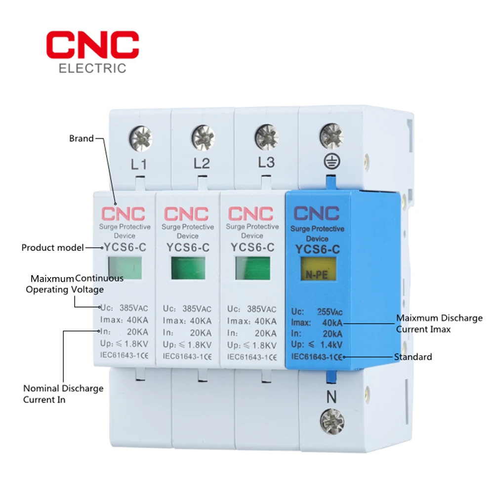 CNC 3P+NPE AC 20KA-40KA 385V SPD House Surge Protector Protection Protective Low-voltage Arrester Device