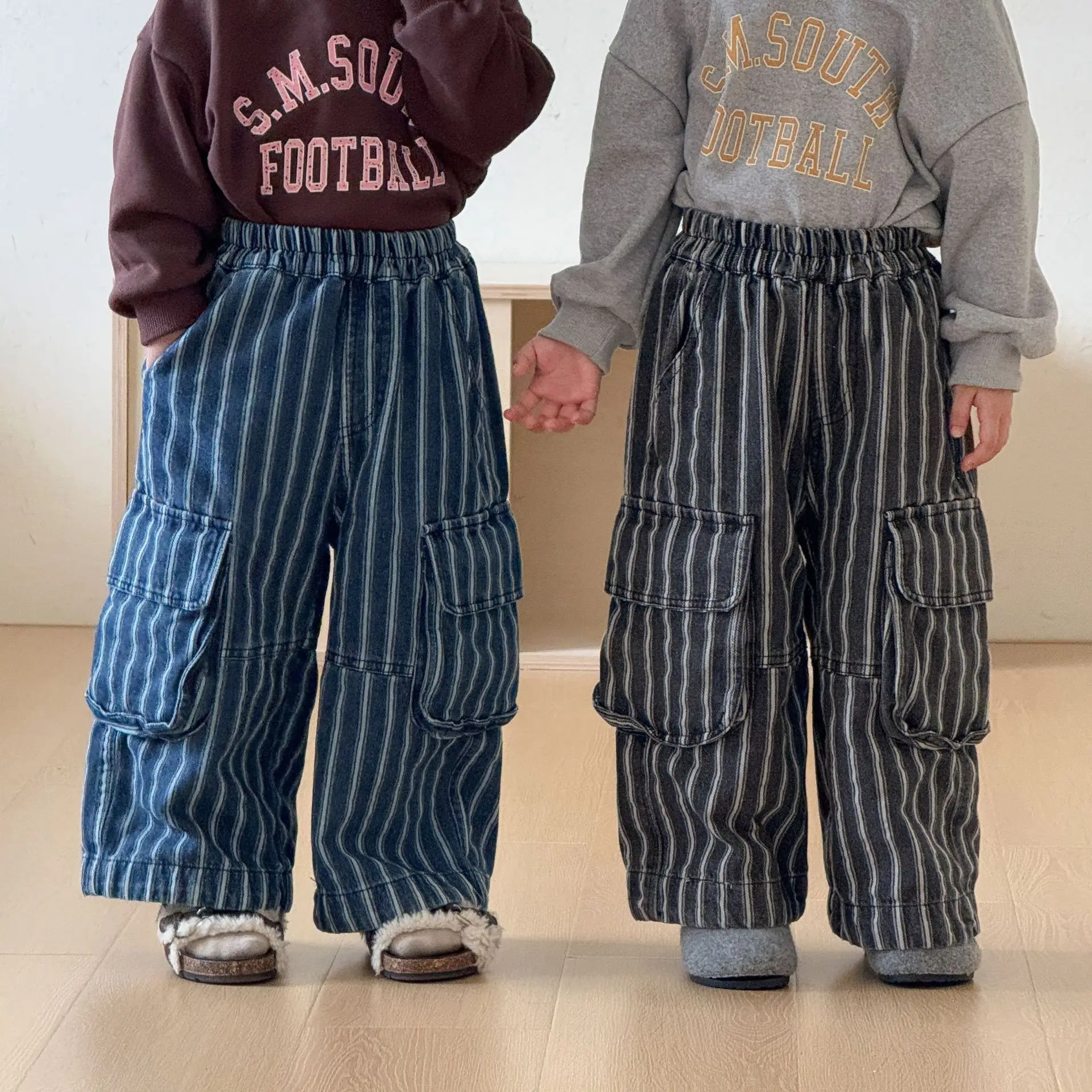Autumn New Children Loose Denim Trousers Girls Fashion Striped Wide Leg Pants Boys Casual Cargo Pants Kids Clothes 2