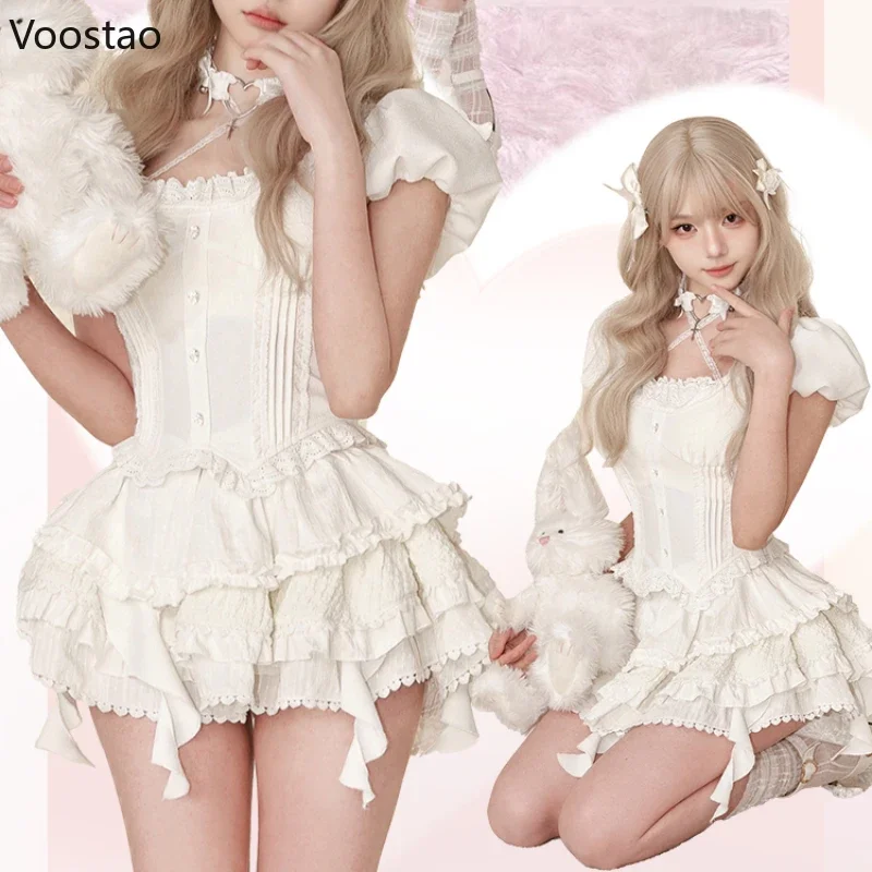 Japanese Style Kawaii Sweet Lolita 2 Piece Set Summer Casual Slim Blouse Fashion Y2k Mini Cake Skirt Suit Female Korean Outfits