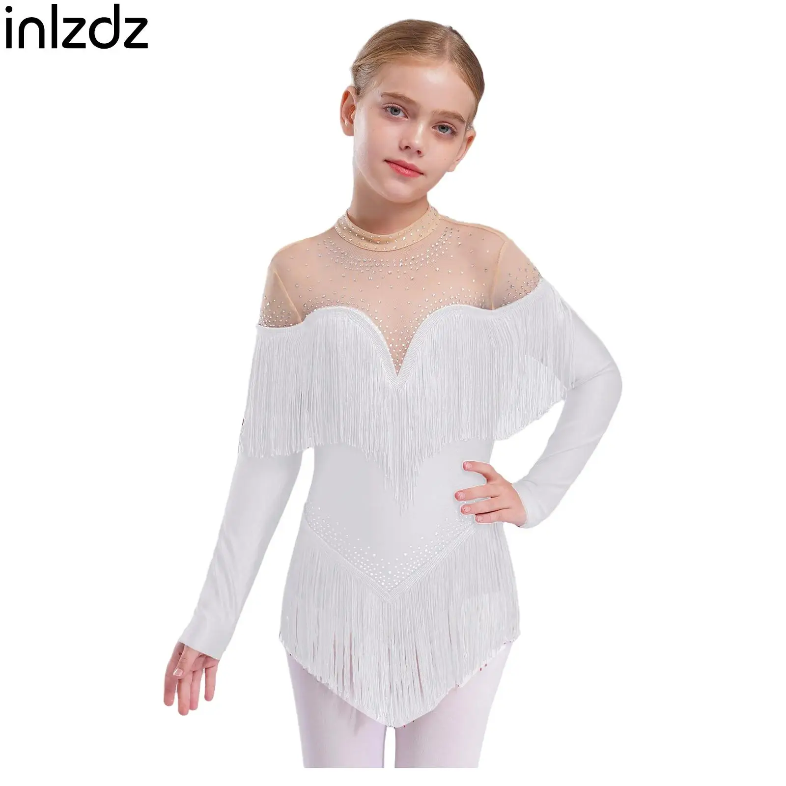 Girls Shiny Rhinestones Tassel Latin Dance Leotard Cha-cha Samba Salsa Costume Sheer Mesh Leotard Dress Performance Dancewear