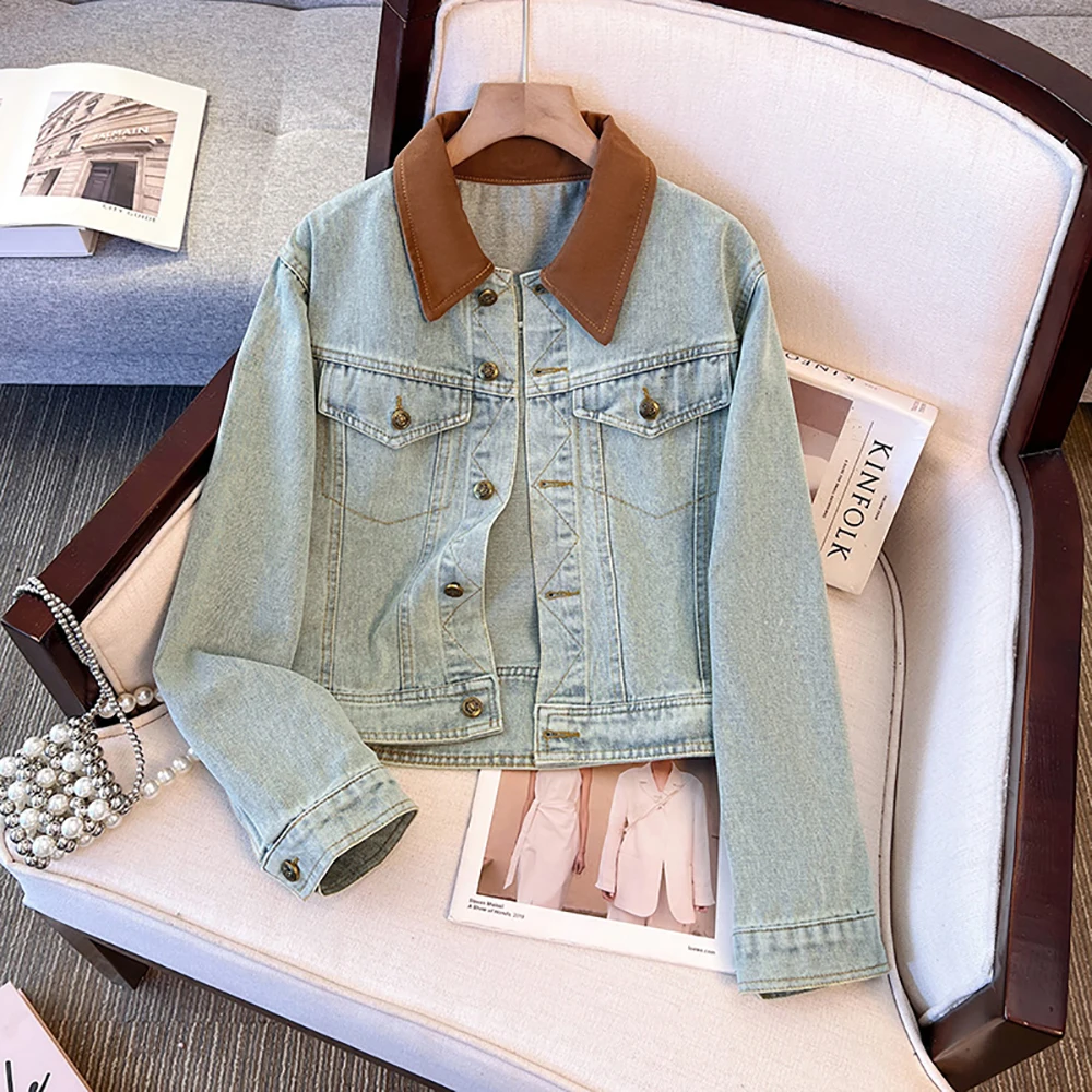 

Женские короткие контрастные джинсовые пальто в стиле ретро, весенне-осенняя лоскутная однобортная джинсовая куртка с отложным воротником, светло-голубая верхняя одежда