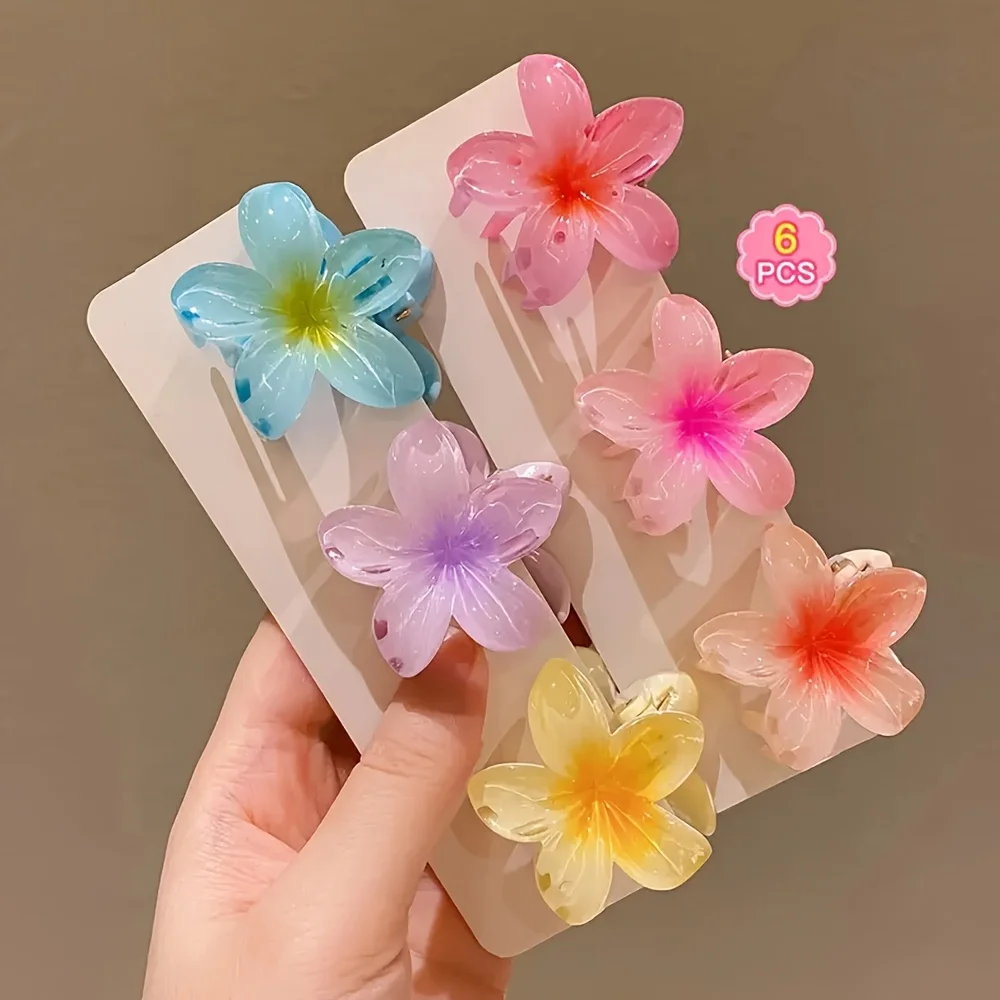 6 Stück Haarspangen mit Farbverlauf-Blumenmuster, aus Polyestergewebe, in verschiedenen Farben, mit Popkultur-Motiv, im modischen Design. – Detail 4