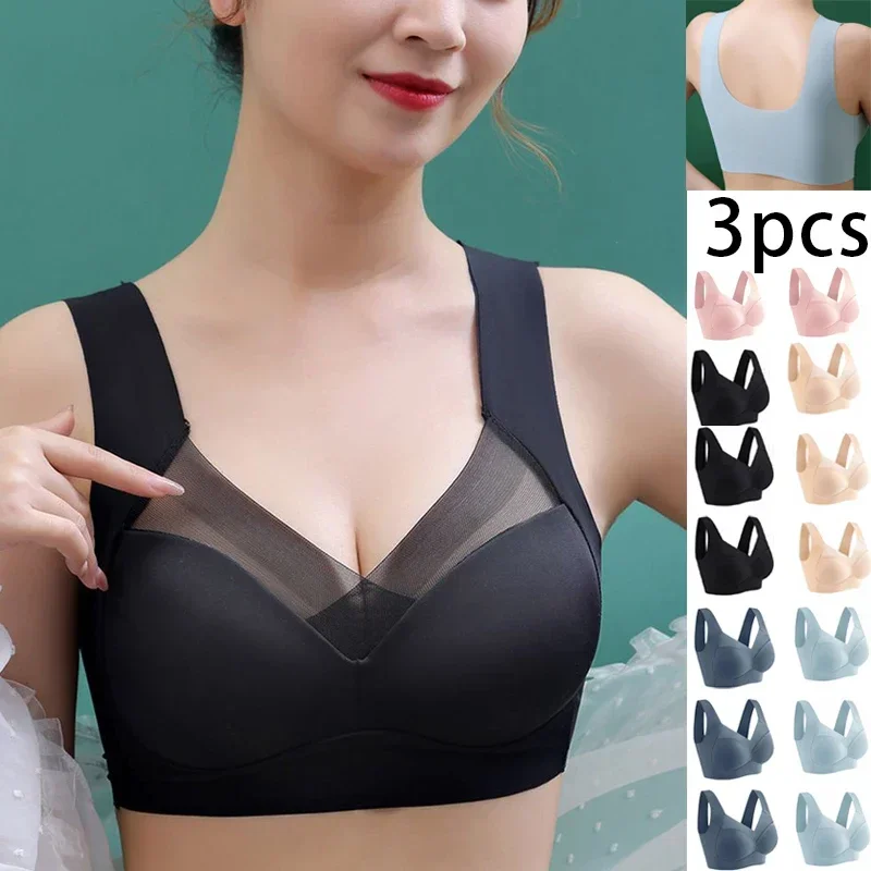 

3-Pack Ice Silk Sports Bras No Wire Anti Sagging Seamless Plus Size Bralette S-5XL 8H Moisture-Wicking for Gym Yoga