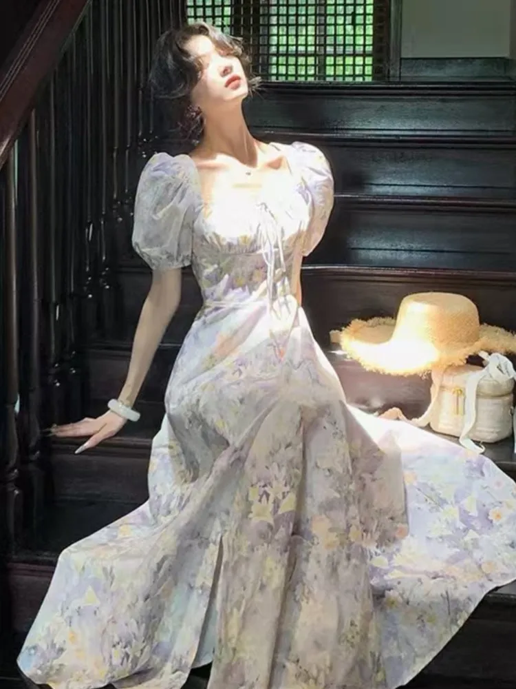 

Women's French Print Dresses Casual New Elegant Vintage Square-Collar Floral A-Line Slim Puff-Sleeve Dress Holiday Summer Chic
