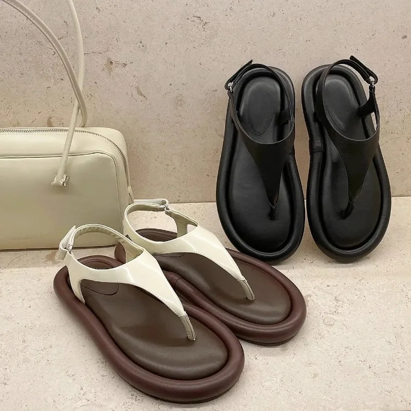 Fashion Beach Women Sandals Black White Leather Summer Shoes Ankle Buckle Flats Simple Round Toe Sandalias Comfortable Flip Flop