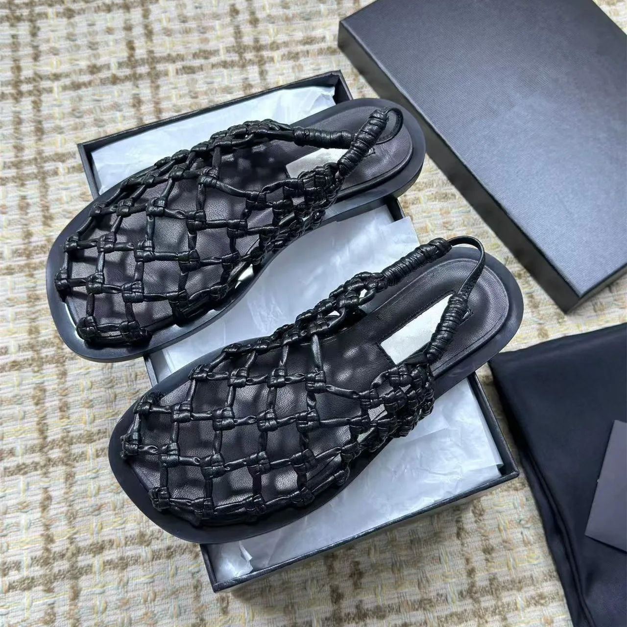 Chaussures en cuir tricoté avec trous en maille, filet de pêche, vêtements d'extérieur, remorque Cool, fond plat creux, sandales respirantes à sangle arrière