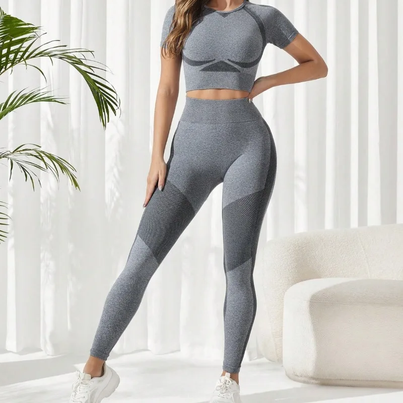 

Yoga Fitness Suit Women Seamless Lines Leggings High Waist Stretchy Hip Liftting Sport Pants Sexy Crops Tops Fashion Solid Suit
