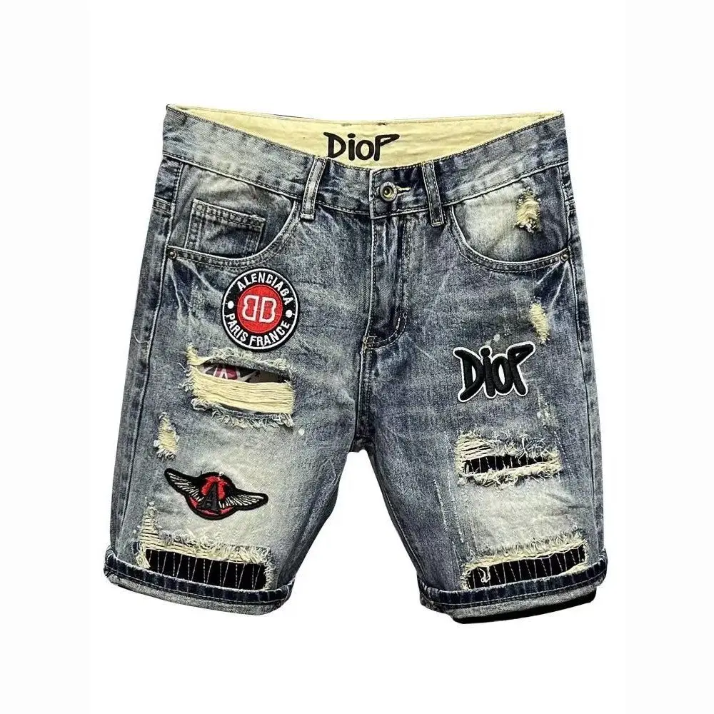 New Jeans Kpop 2025 Ripped Trendy Brand Slim Summer New Embroidered Personalized Beggar Middle Five-point Pants Denim Shorts Men