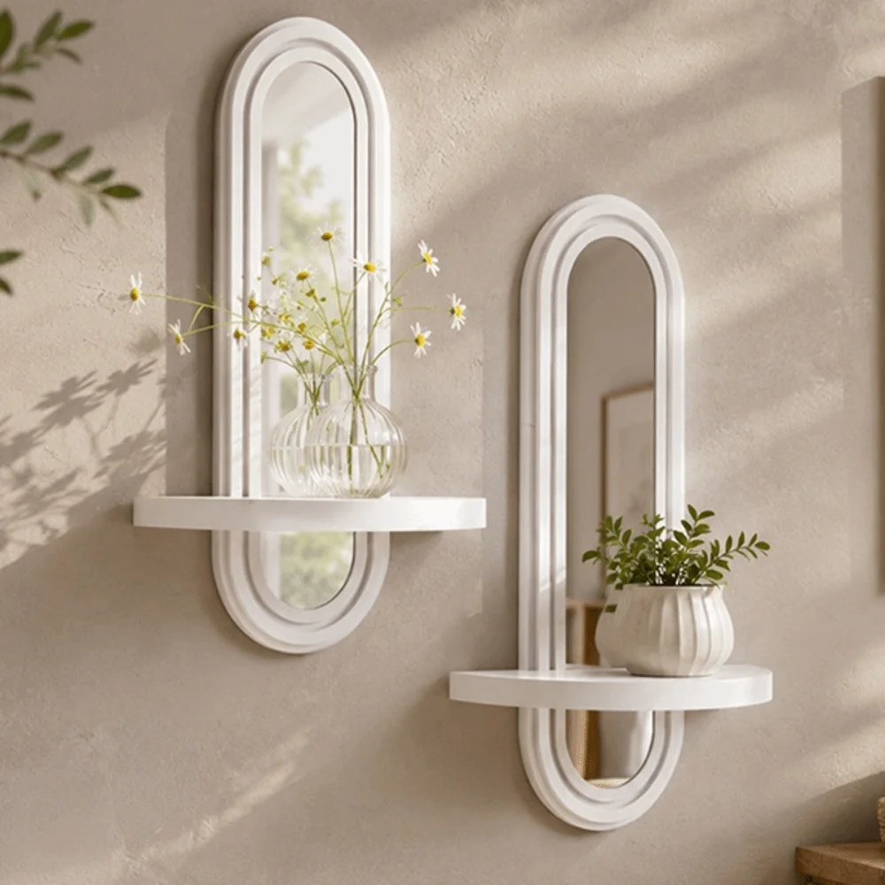 Multifunctional Boho Wall Mirror Space-Saving Geometric Design Wooden Wall Shelves Acrylic Arched Plant Display Stand