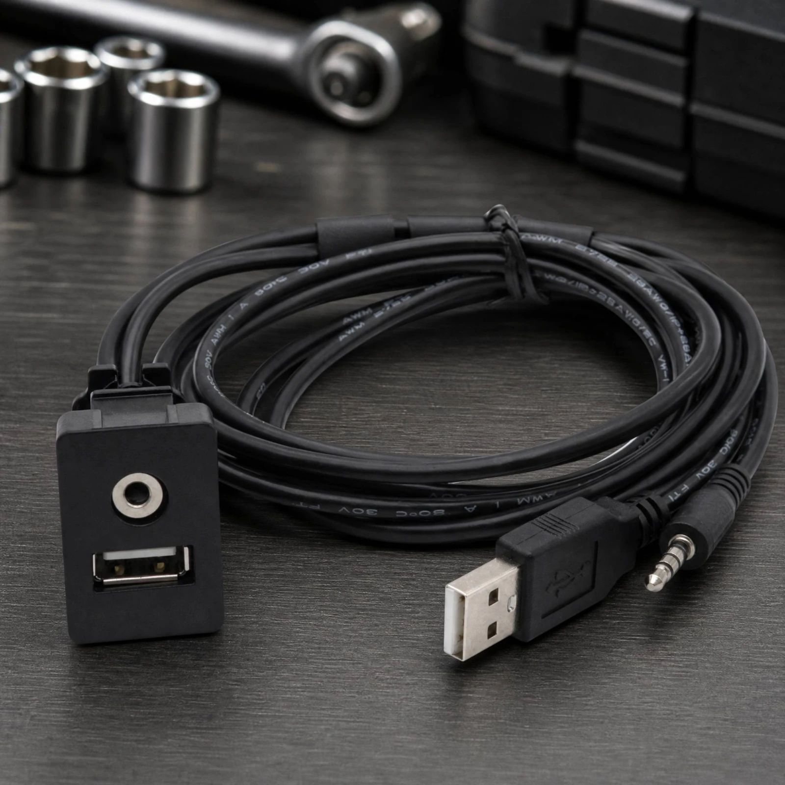 In-Vehicle USB-to-AUX Audio and Power Cable Assembly Black 12V Car USB AUX Power Cable 5V Output Slim-Profile