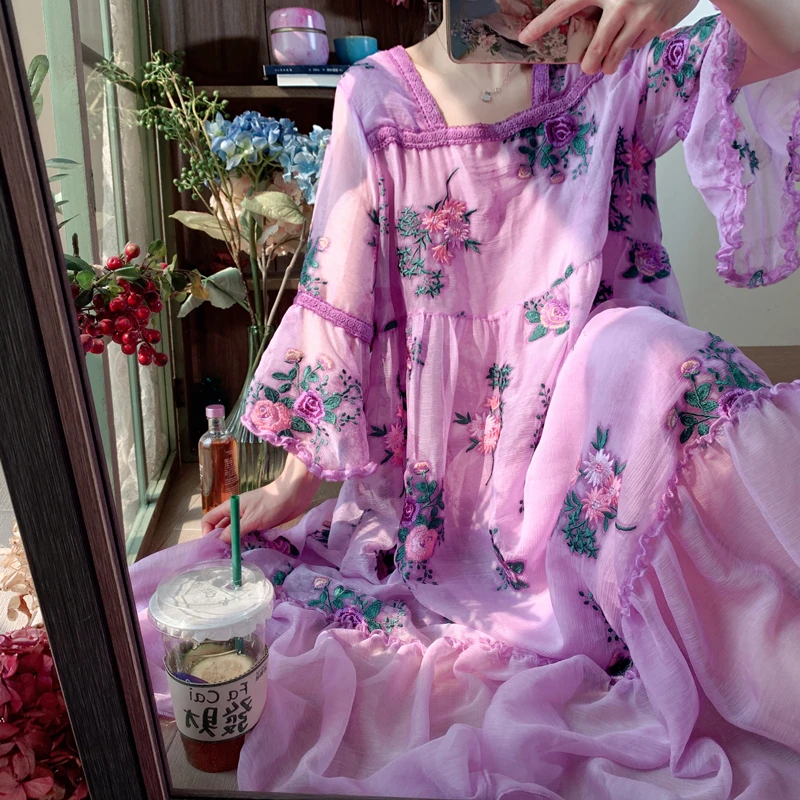 

Dress For Women Spring Summer Dress Korean Fashion Elegant Flare Sleeve Floral Embroidery Oversized Purple/Pink Maxi Dress