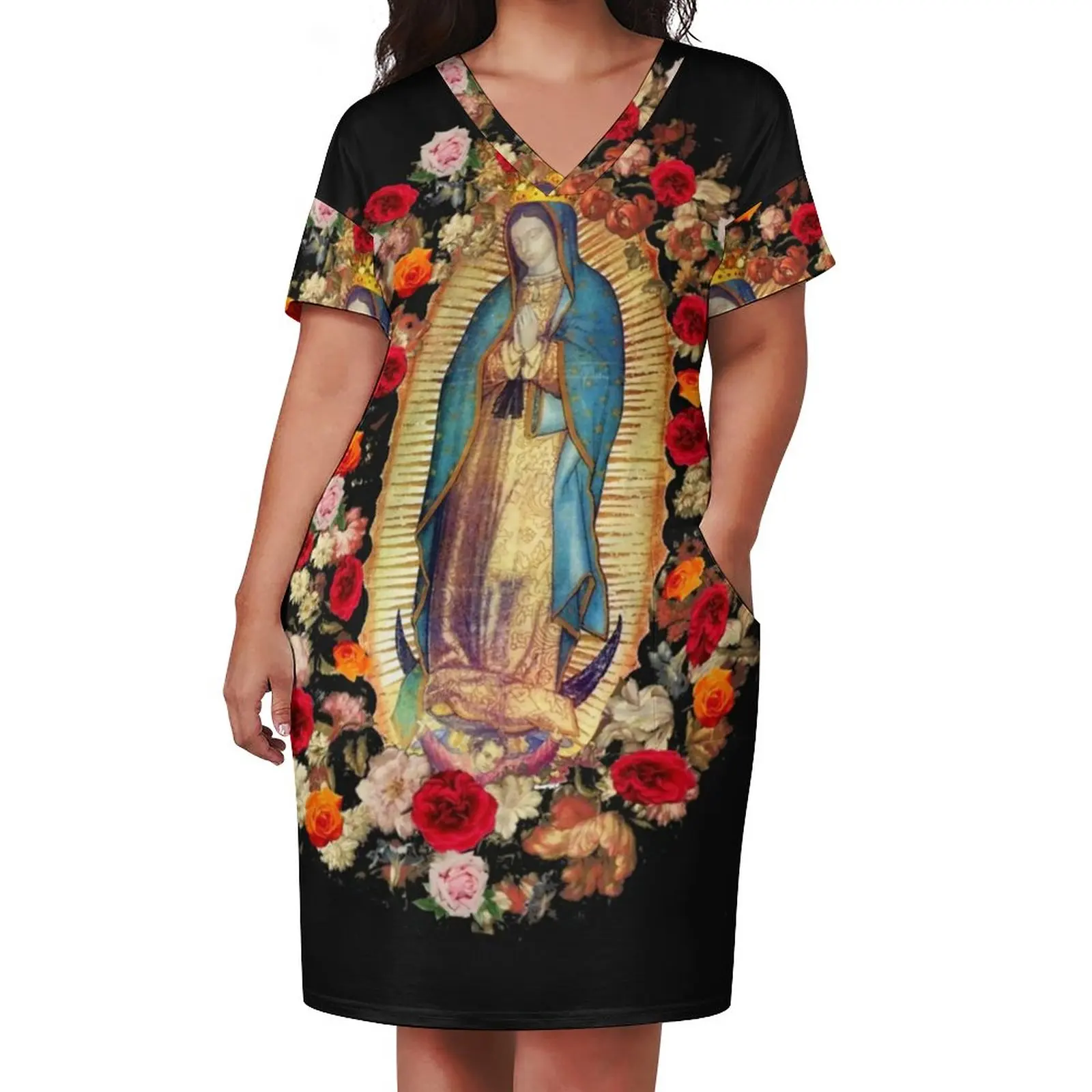 

Virgin Mary Mexico Dress Short Sleeve Catholic Saint Trendy Dresses Women Street Fashion Print Casual Dress Plus Size 3XL 4XL