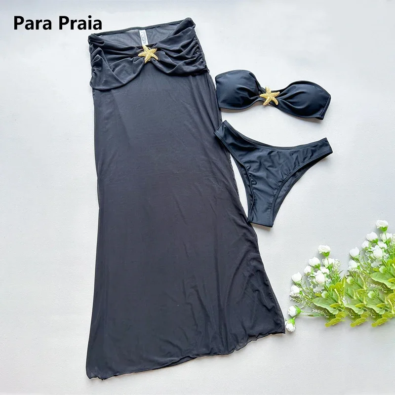

Para Praia Sexy Bandeau Bikini 2025 Three Piece Swimsuit with Long Dress Thong Swimwear Women Biquini Beachwear