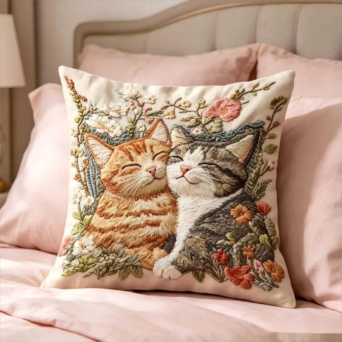 Cute Floral Cats Pillow Cover 2D Faux Embroidery Print Adorable Kittens in Flowers Cushion Case for Sofa Bed Couch  Rustic Home