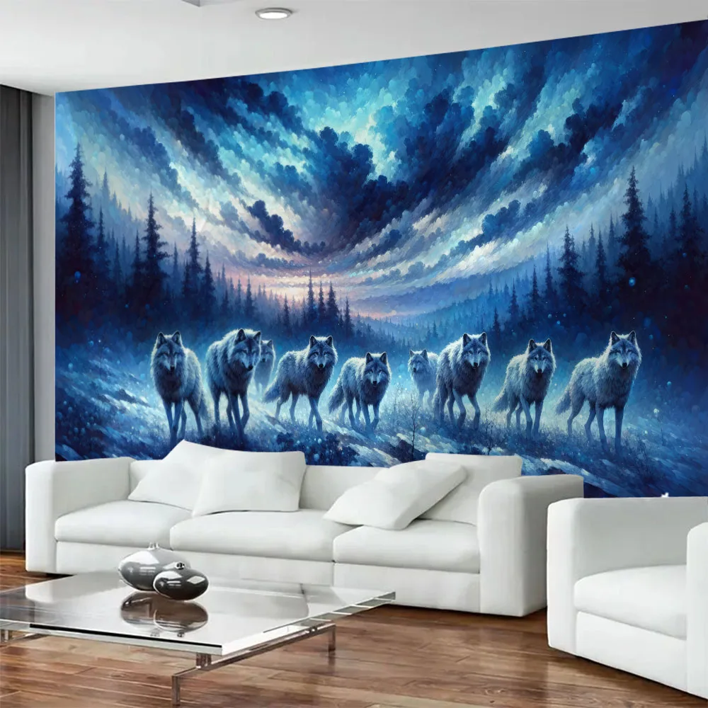 Starry Sky Wolf Tapestry Night Moon Home Decor Artistic Wall Hanging for Bedroom Living Room