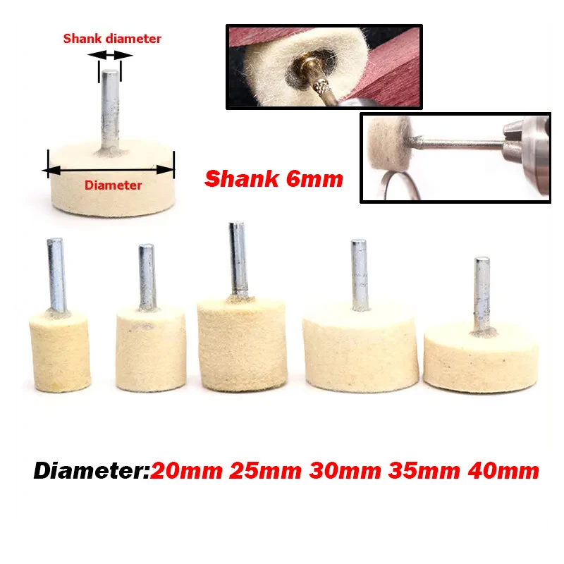 Lã Felt Polishing Bits para Dremel Rotary, lustrando escova de roda, 20mm, 25mm, 30mm, 35mm, 40mm, 6mm Shank