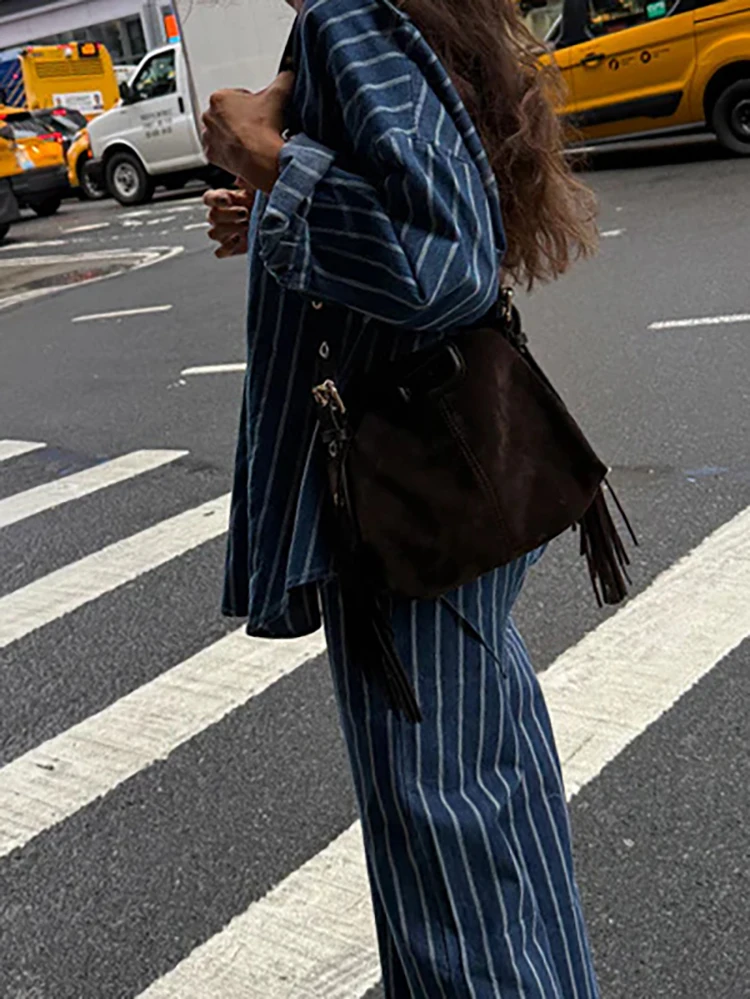 

Lapel Buttons Long Sleeved Shirt Outfit Denim Elegant Wide Leg Pants Suit 2026 New Striped Printed Women's Casual Two Piece Set
