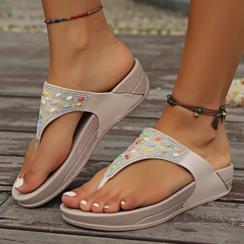 Women\'s Flip-flops Summer New Fashion Platform Wedge Heel with Double Toe Diamond-resistant Sandals