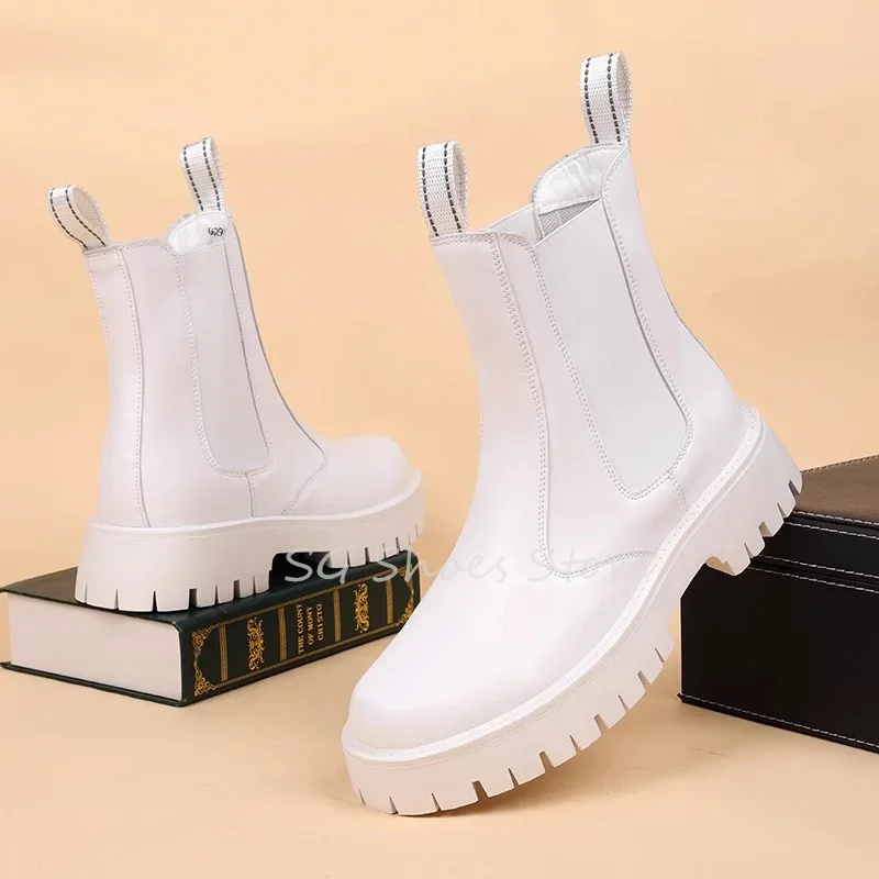 

Winter New Chunky Bottom Chelsea Boots for Men British Style Round Toe Height Increasing Mid-Calf Boots Male Slip-On Boots