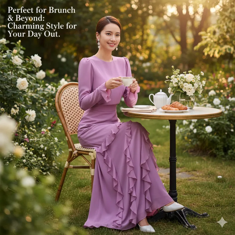 

Slim Fit 2 Piece Outfit For Women With Ruffle Decor Long Skirt And Long Sleeve Top Elegant Formal Look For Party Wedding Evening