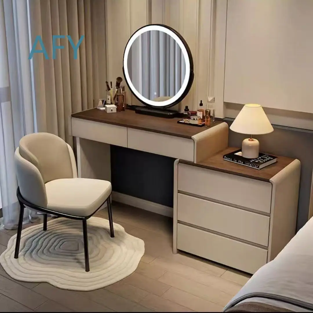 Solid Wood Dresser for Bedroom with Mirror and Storage Drawers Modern Minimalist Vanity Table for Makeup Organization Luxury