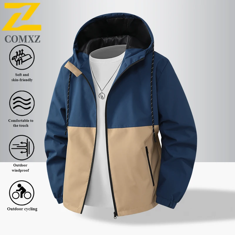 

Spring Autumn Color Blocked Jacket Fashion Hooded Men's Windbreaker Youth Outdoor Sports Loose Breathable Mountaineering Jacket