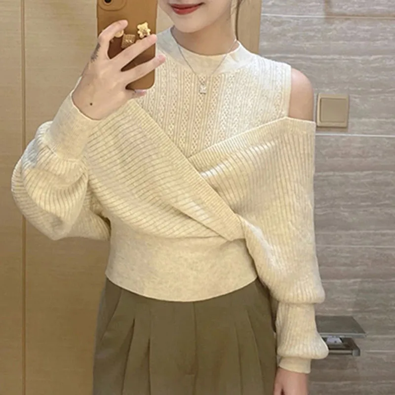 Fashion Long Sleeve Stand Collar Knit Sweater Women Pullovers Strapless Knitted Sweater Pullover Women Tops Sueters De Mujer N97