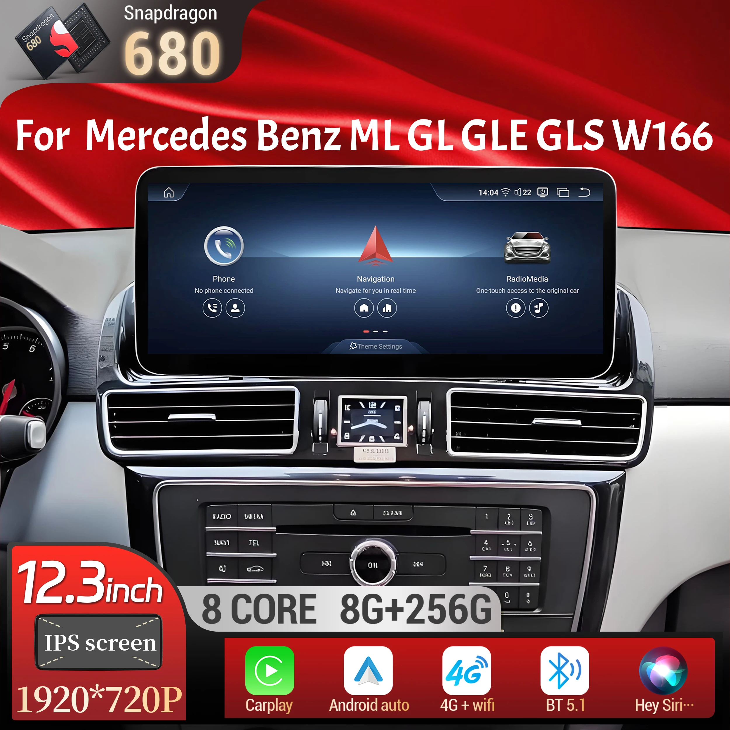 

12.3inch Car Radio For Mercedes Benz ML GL GLE GLS W166 X166 2012-2019 Android 13 Wireless Carplay Snapdragon 680 Touch Screen
