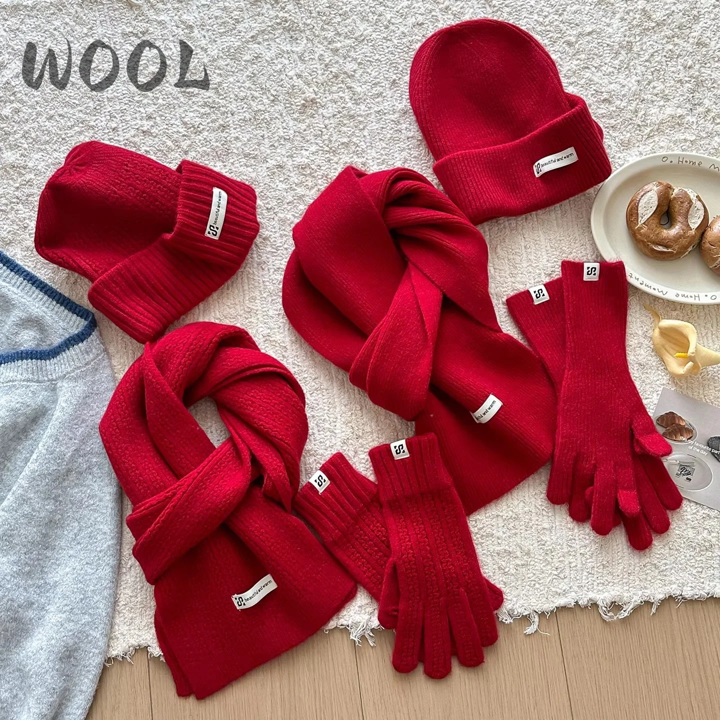 3 stks/set Gebreide Ring Sjaal Vrouwen Wollen Muts sjaal handschoenen Effen Cap Ontwerp Zachte Kasjmier Pashmina Kraag Kerstmis Nieuwjaar