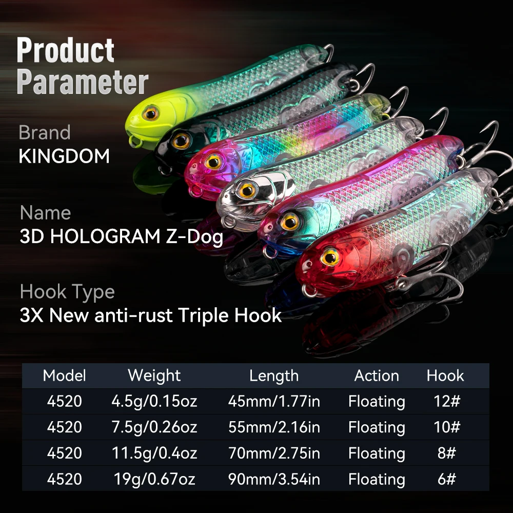 Kingdom Floating Pencil Topwater Fishing Lure 4.5g 7.5g 11.5g 19g 3D Hologram Artificial Minnow Hard Baits Surface Tackle Lure