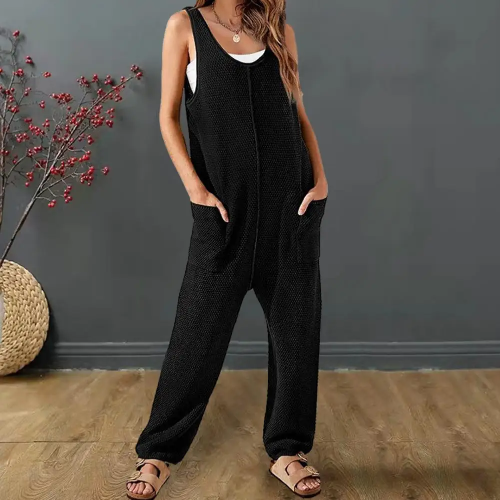 Losse Jumpsuit, Zachte Jumpsuit, Stijlvolle Mouwloze Zomerjumpsuit Voor Dames Met V-Hals En Dubbele Zakken Met Zachte Casual Enkel Voor Een