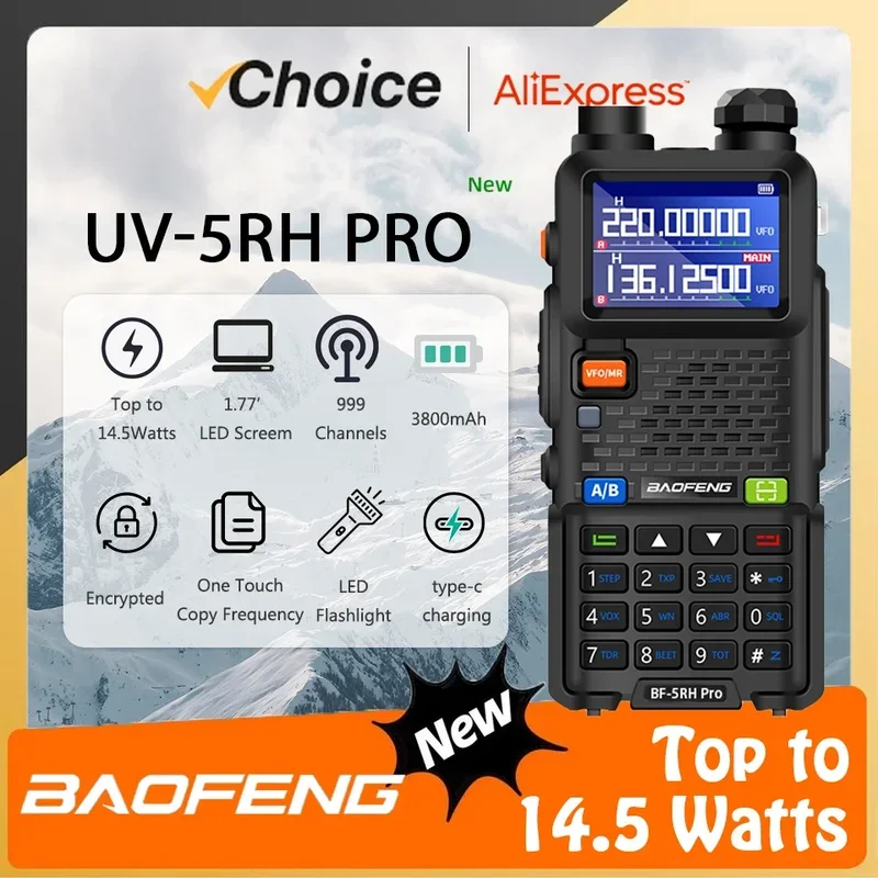 

Портативная рация Baofeng UV-5RH Pro UV 5RH, 14,5 Вт, 3800 мАч, зарядное устройство Type-C, 999 каналов, Многополосная Двусторонняя радиосвязь UV5RH, улучшенная версия