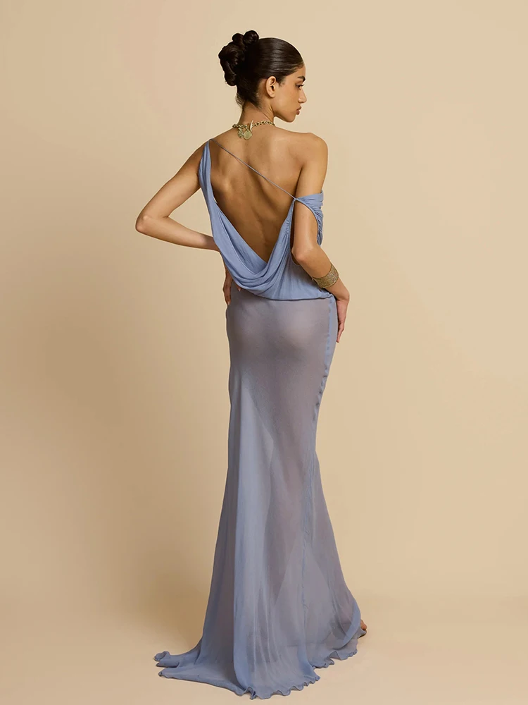 Sisterlinda Maglia Altalena Collo Maxi Abiti High Street Banchetto Sexy Backless Sheer Dritto Abito Lungo Mujer Abiti Eleganti