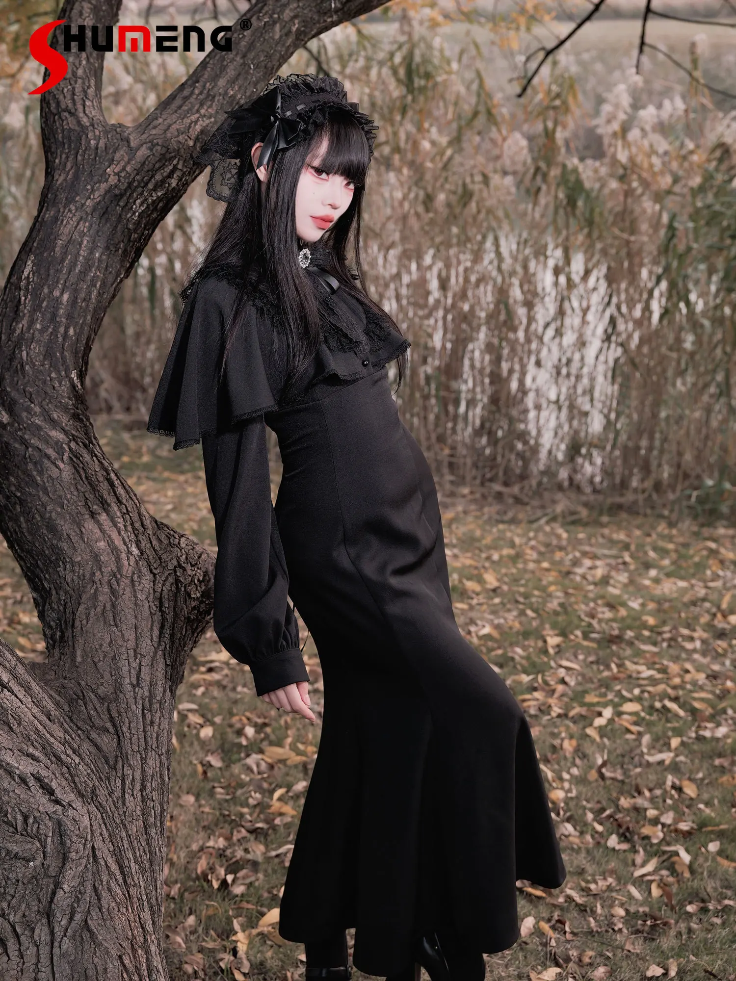 

Original French Retro Black Elegant Long Fishtail Dress Spring and Summer Women's Gothic Sweet Bow Girls with Cape Lolita Dress