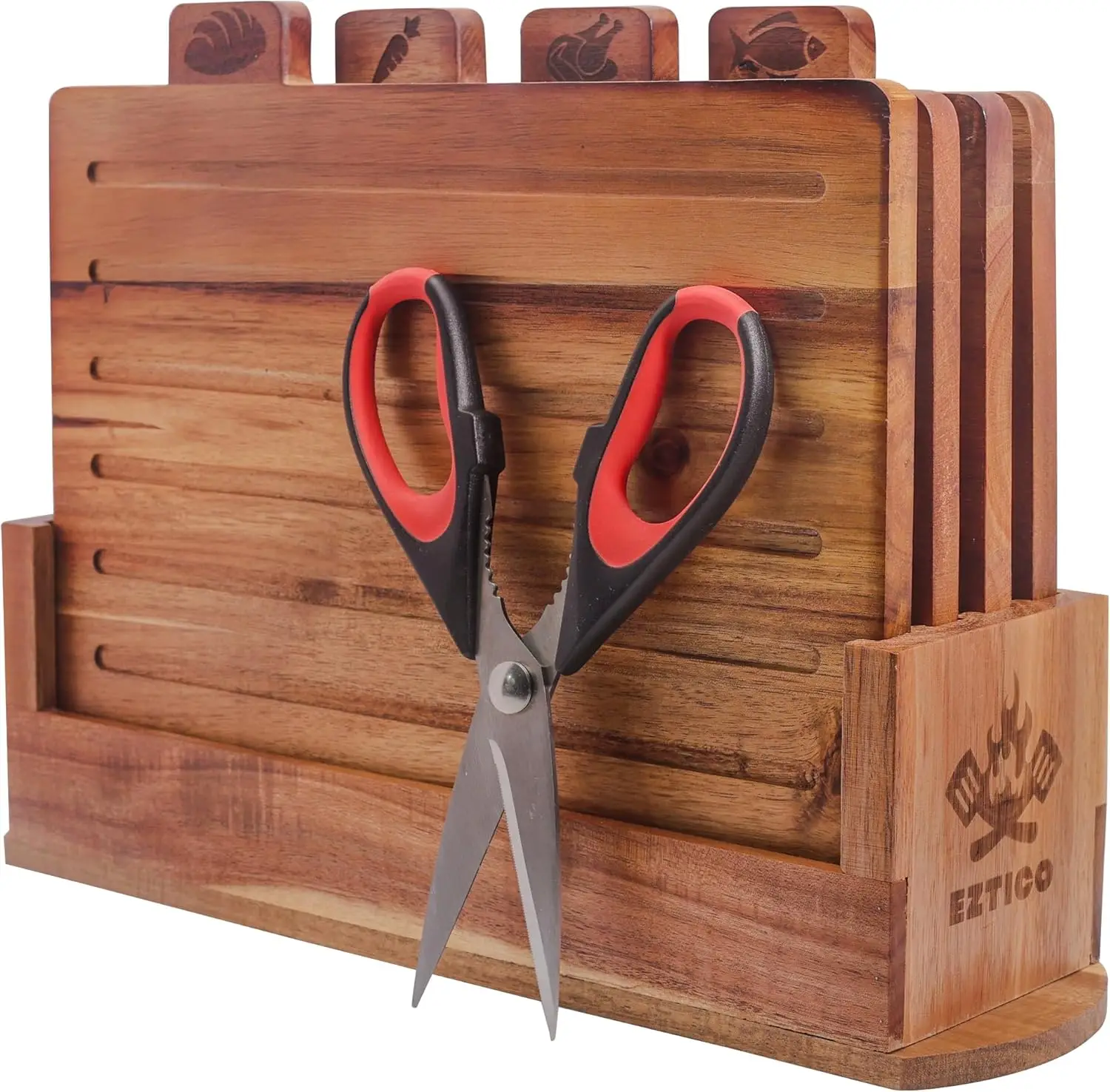 

Acacia Wood Cutting Board Set with Stand & Scissors, Juice Groove, Kitchen Essentials
