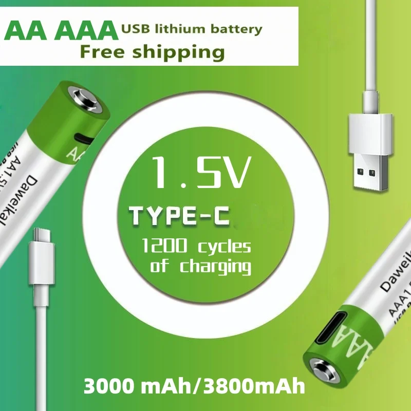 

Lithium-ion 2000 Cycle Rechargeable Battery, Fast Charging USB Interface, 1.5V Large-capacity AA+AAA Battery, 3800-3000mAh